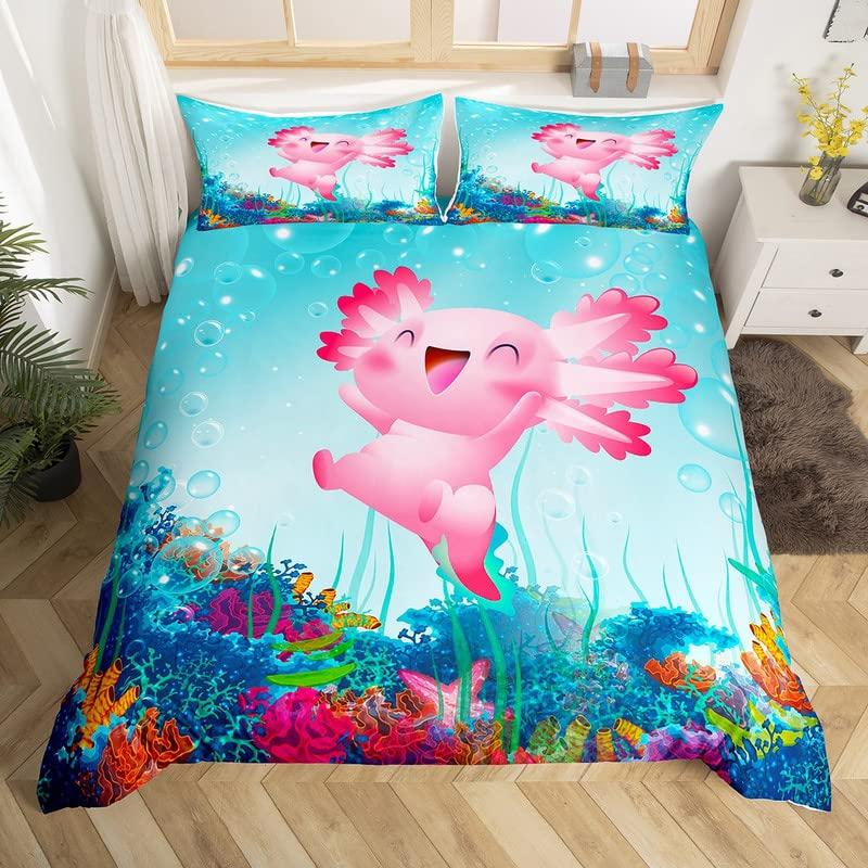 Мультяшный аксолотль Комплект пододеяльника King/Queen Size Детский Для девочек Мальчиков Милый Радужный Морская дикая природа Животное Рептилия Комплект постельного белья