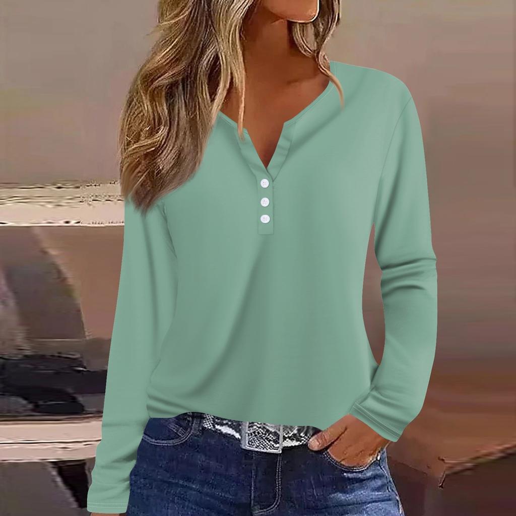 Women's T Shirt Tee Button Long Sleeve Daily Weekend Fashion Basic V- Neck Regular Top