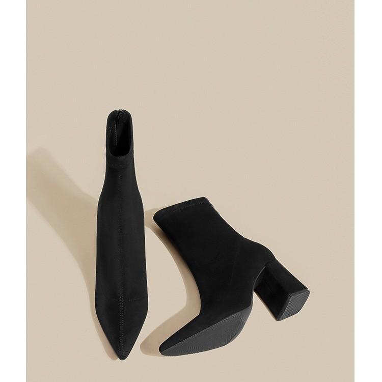 Large Size 2025 New Nude Boots Pointed High Heel Short Boots Women's Autumn and Winter Socks Boots Thick Heel Thin Boots