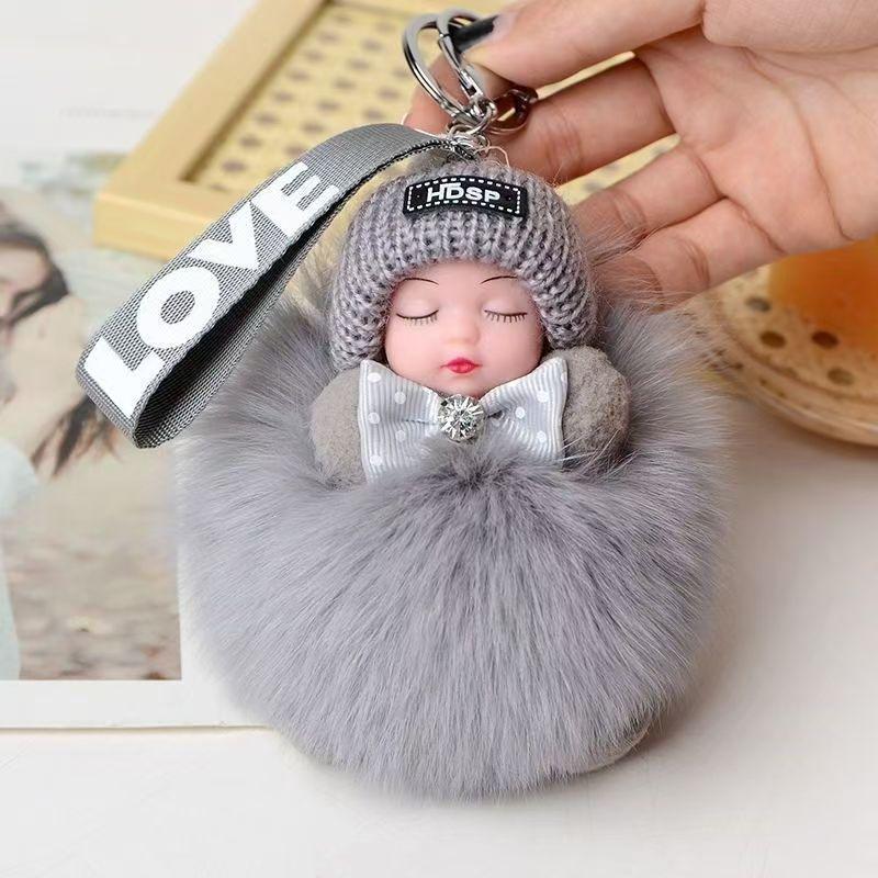 Exquisite Handmade Plush Sleeping Doll Pendant with Faux Mink Fur, Perfect As a Backpack Accessory