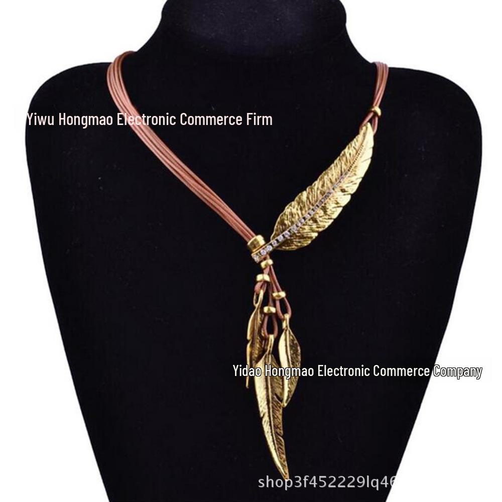 European & American Black Leather Feather Diamond Tassel Necklace - Multi-layer Women's Clavicle & Sweater Chain