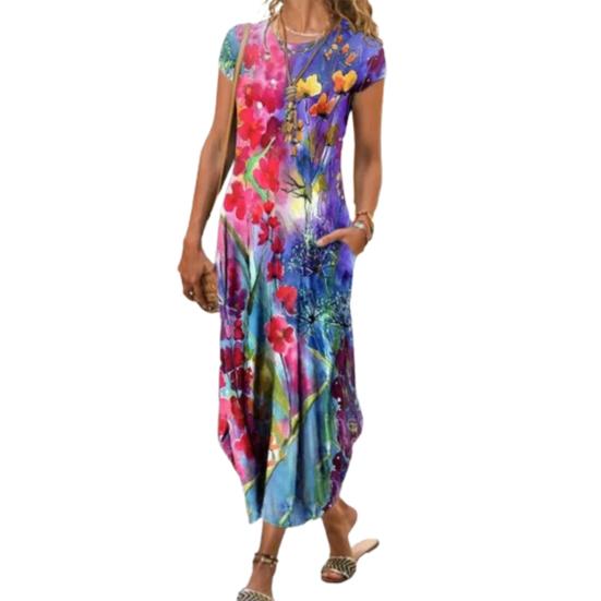 Платье с круглым вырезом, свободное женское женское винтажное платье с цветочным принтом для отпуска