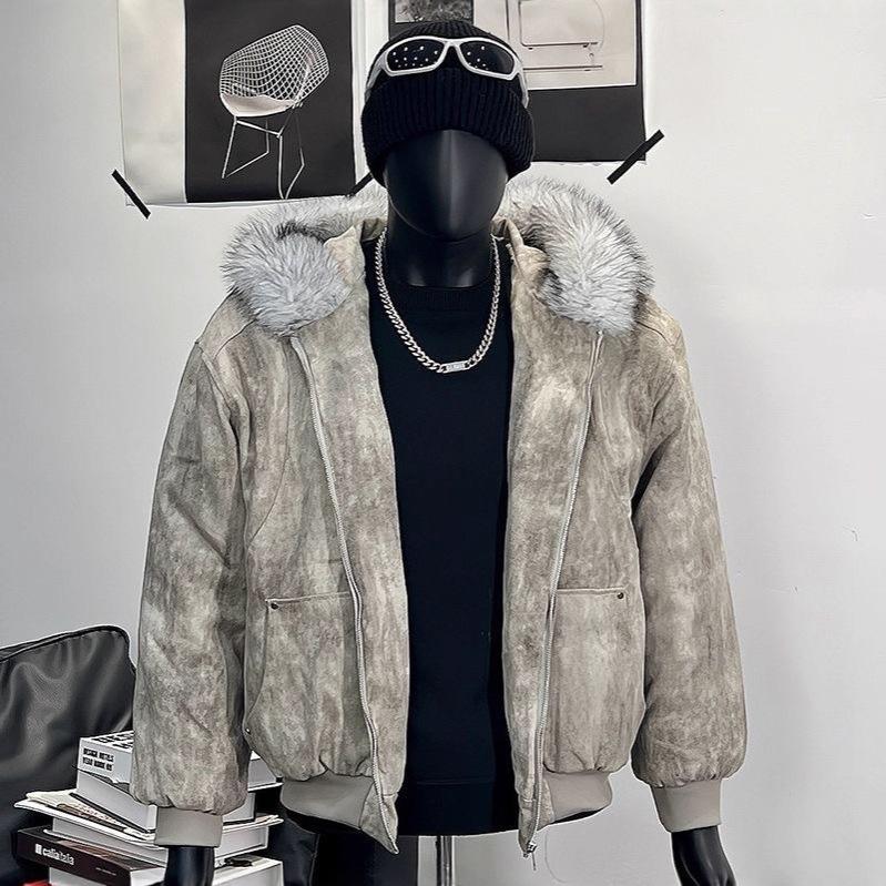 Мужская толстовка с капюшоном и принтом тай-дай 2025 года с меховым воротником - Модная, плотная и теплая хлопковая верхняя одежда