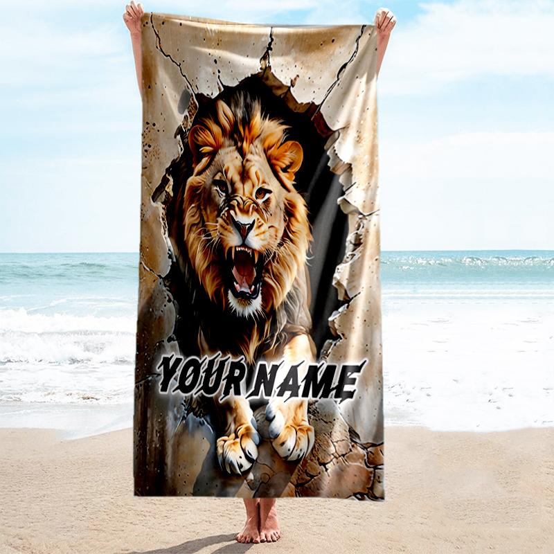 1PC Custom Name Lion Roar Through Wall Beach Towel Highly Absorbent And Sand-Resistant Towel for Swimming, Pool, Yoga, And Travel Lightweight