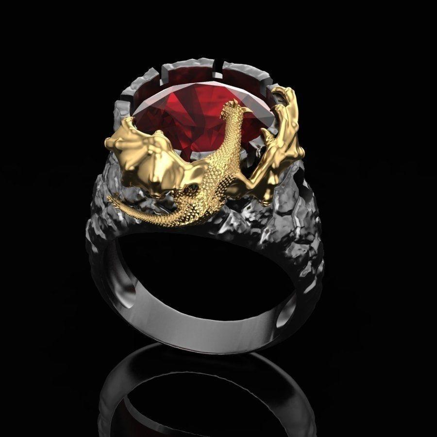 Chenrui Gothic Punk Ruby Dragon Men's Gold Two-Tone Ring
