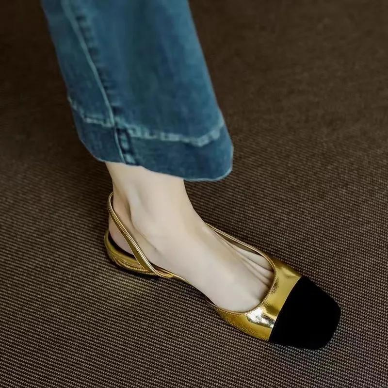 Сандалии женские французские из искусственной кожи Baotou Slip-On на низком каблуке с ремешком на пятке в римском стиле, плоские туфли золотого и серебряного цвета, лето