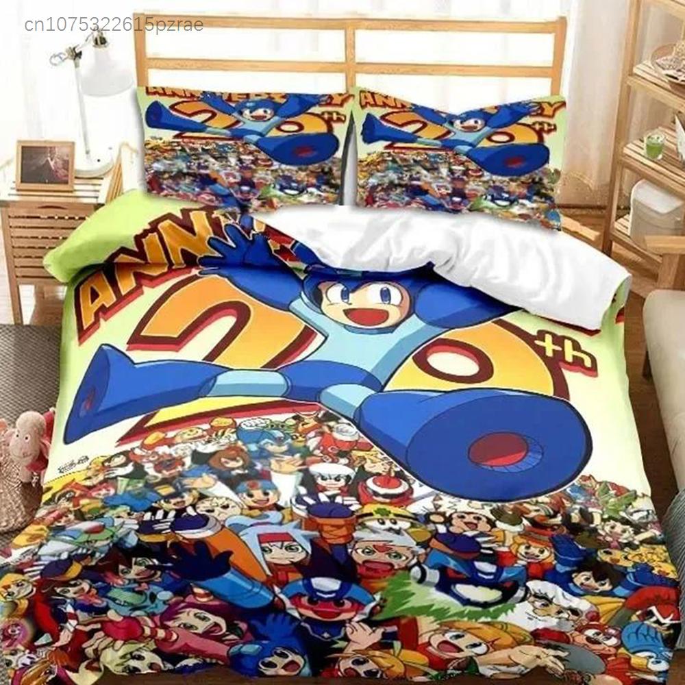 Игровой мультяшный комплект постельного белья Rockman Megaman с наволочкой, пододеяльником, мягкий, размер Queen/King, домашний, подарок для мальчиков