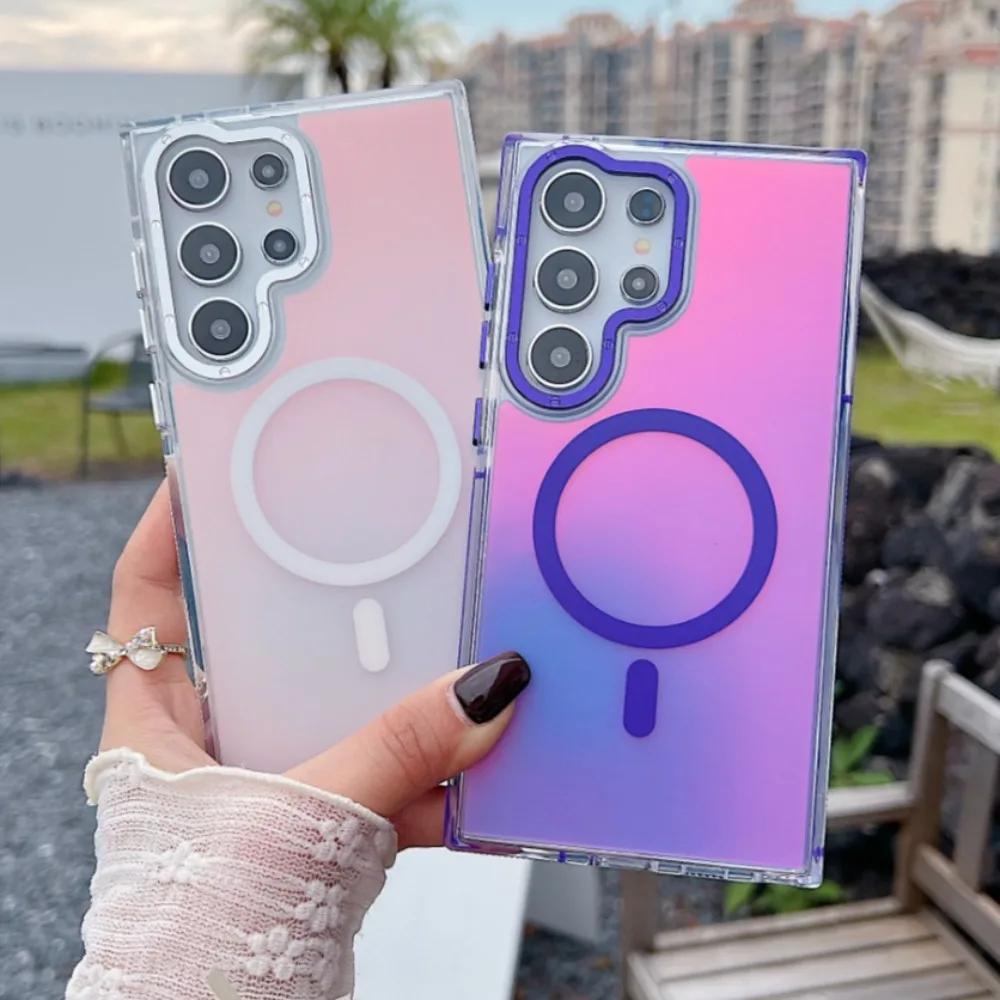 Металлический чехол для телефона MagSafe для Samsung Galaxy S25 S24 Ultra S23 Plus S22 S21 A53 A54 A55 Беспроводная зарядка Изменяющий цвет чехол