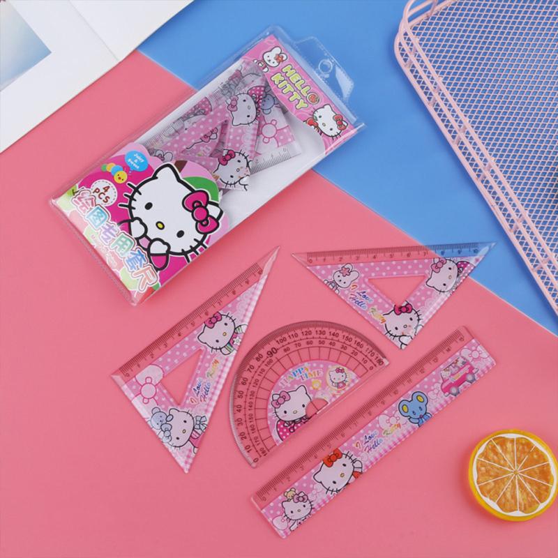 Набор линеек из 4 предметов Sanrio, милый аниме-мультяшный узор, треугольный транспортир, линейка для обучения студентов