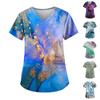 Plus Size Printed Scrub Working Uniform Tops For Women V-Neck Short Sleeve T-Shirts Workwear Tee With Pockets