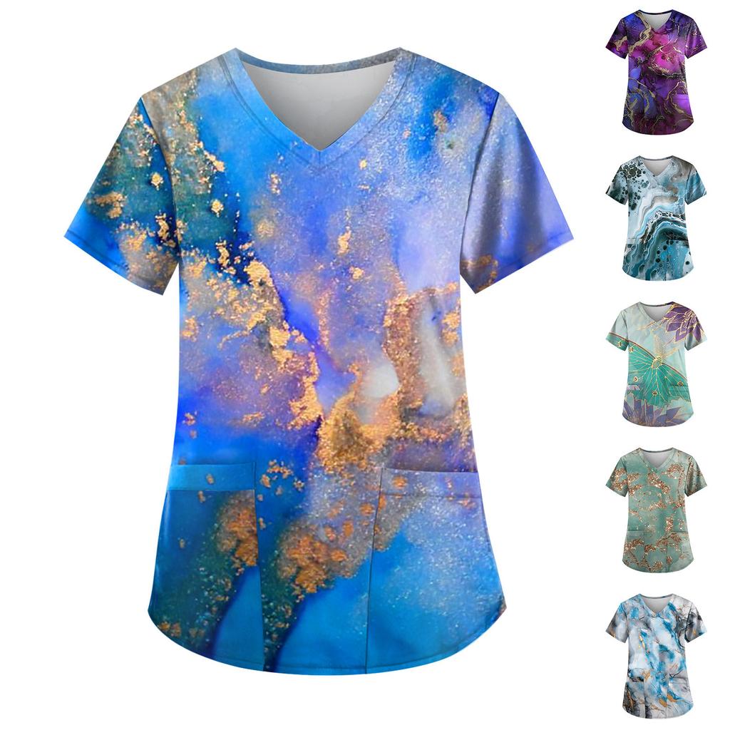 Plus Size Printed Scrub Working Uniform Tops For Women V-Neck Short Sleeve T-Shirts Workwear Tee With Pockets