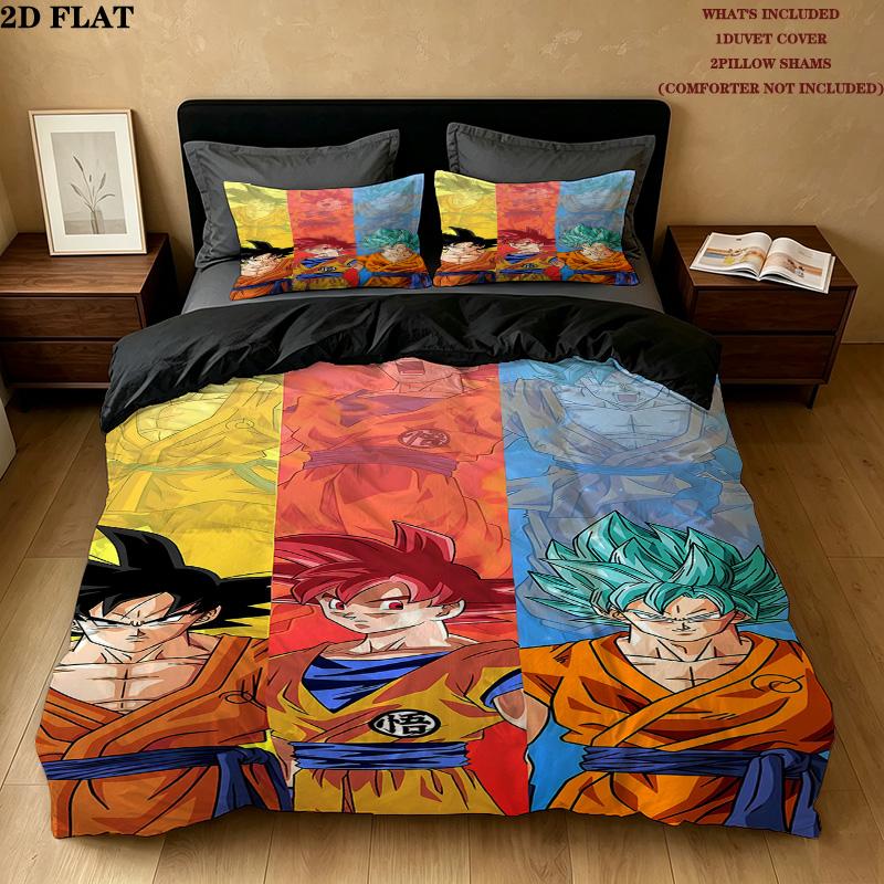 Dragon Ball Super Pattern Bedding Quilt Set Quilt Cover Pillowcase Home Birthday Gift(1 * duvet cover + 2 * pillowcase, without core)