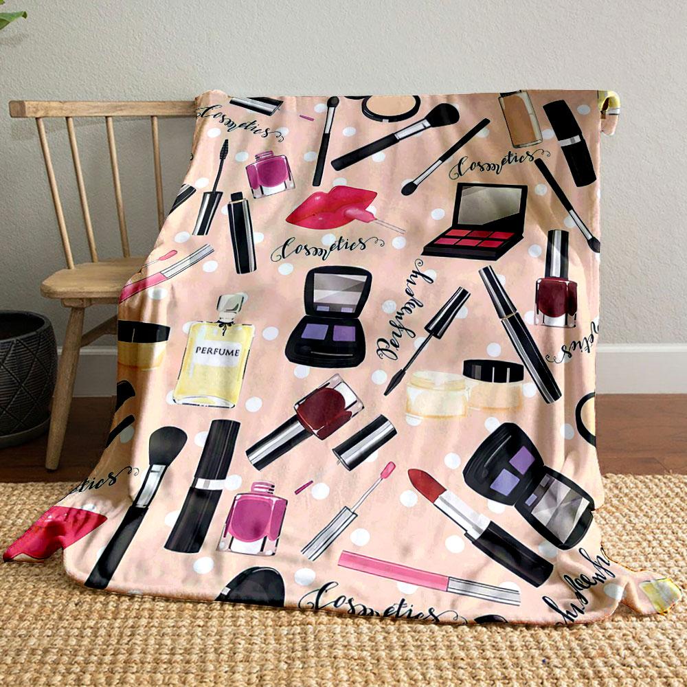 Makeup Pattern on Pink Polka Background Patterned blanket, flannel, suitable for all seasons, home decor, warm and cozy