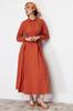 Women's Fashion New Hijab Dress Tile Collar Tie Detailed Buttoned Woven Dress
