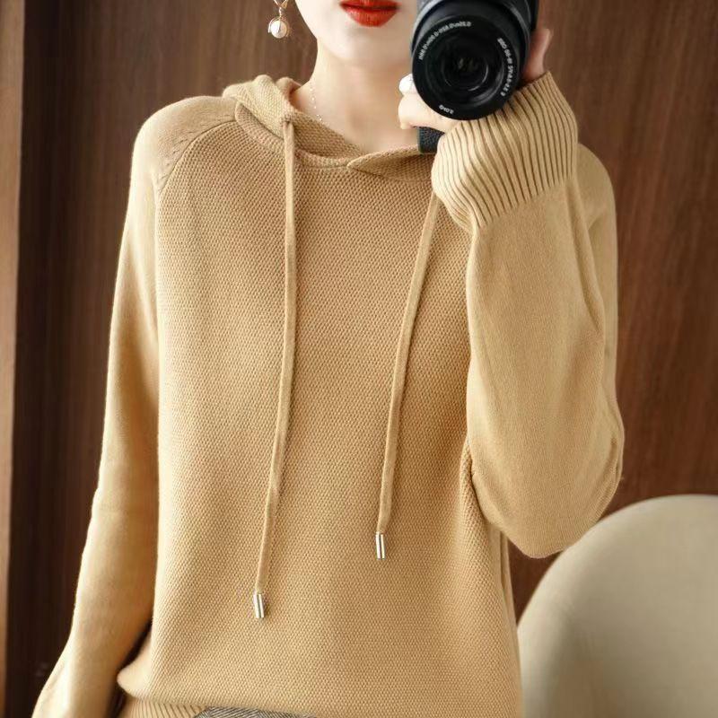 Пуловер, осенние и зимние свитера, женские свитера с капюшоном, свободный трикотаж с подкладкой, однотонный пуловер с длинными рукавами, женские топы
