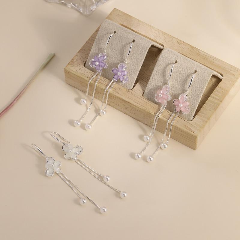 S925 Silver Purple Flower Tassel Hook Earrings Double Layer Chain Artificial Pearl Sweet Romantic Daily Women Fashion Jewelry
