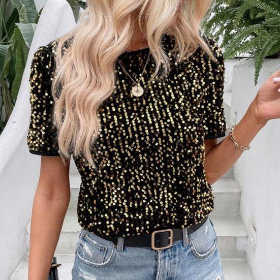 Yousheng женские топы с круглым вырезом и коротким рукавом, блестящие пайетки, украшенные футболки, стандартный крой, повседневная одежда