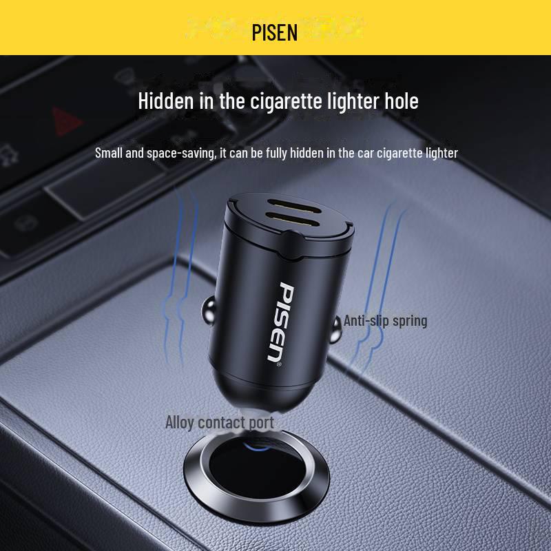 PISEN 30W Dual C-Port Fast Car Charger with Hidden Pull Ring, Compatible with Apple 15 & Huawei