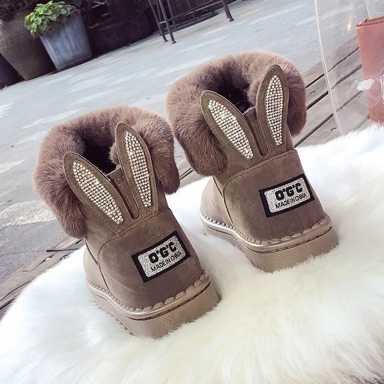 Rhinestone Rabbit Ear Women Winter Snow Boots Velvet Padded Shoes Boots Outdoor Fur Keep Warm Shoes Female Solid Casual Boots