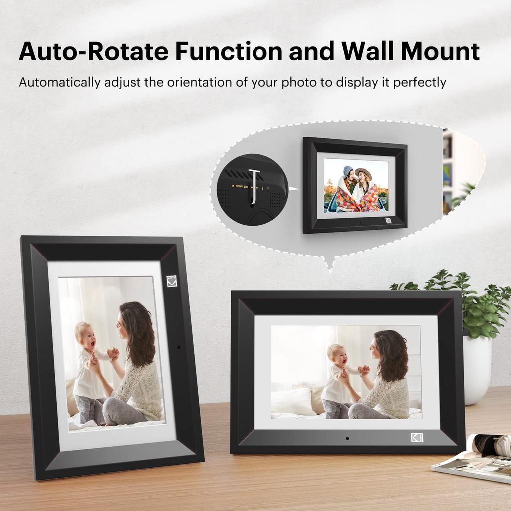 KODAK Wooden Digital Photo Frame with Remote IPS HD Auto Wall Programmable Auto Enjoy Your Precious Moments with Black 10.1-inch Control, Screen