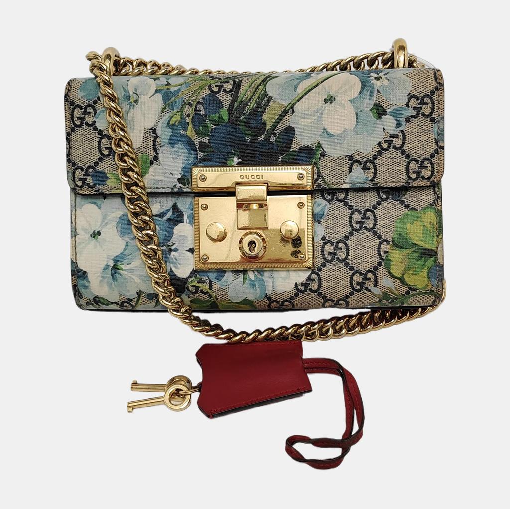 [Pre-Owned] Padlock Metal Lock Buckle Bag GG Blooms Logo Geranium Print Canvas And Leather Box Bag Chain Shoulder Crossbody Bag Small - Good #A84LQO