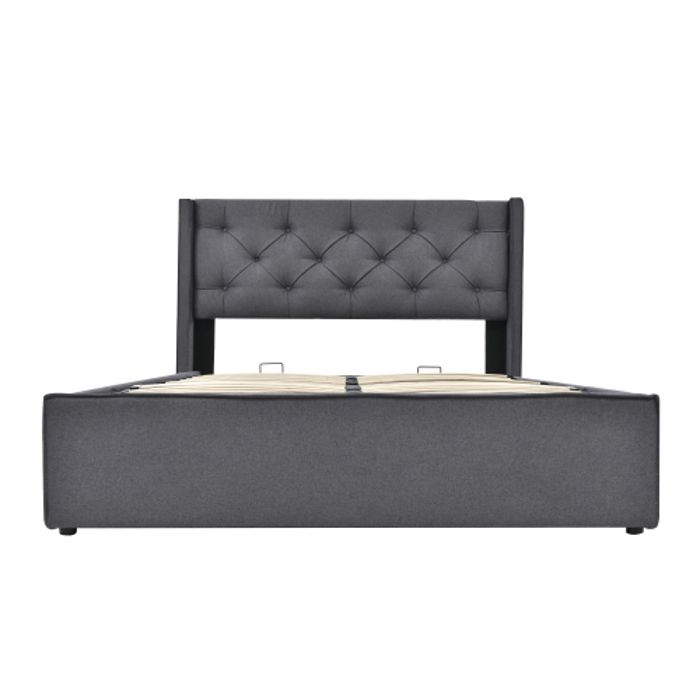 Lit hydraulique - 160x200 cm - Coton gris - Sommier à lattes - Matelas inclus