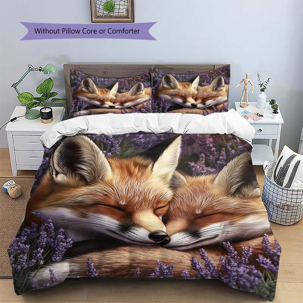 Fox and Flowers Pattern Bedding Home Decoration Birthday Gift (1 * duvet cover + 2 * pillowcase, without core)