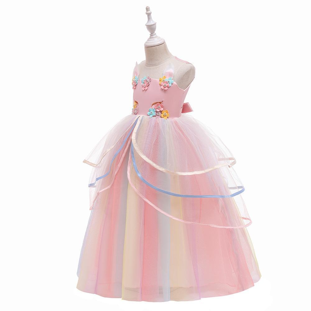 Unicorn Rainbow Mesh Dress for Girls: Festival Performance Costume