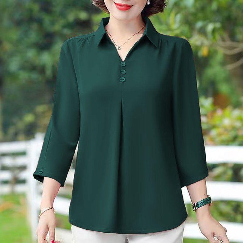 Summer Fashion Polo-neck Solid Color Shirt Ladies Half Sleeve Loose Casual Top Women Elegant Blouse