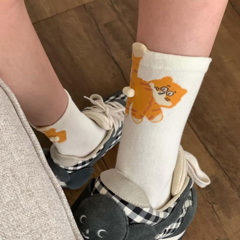 1 пара носков из хлопка с кошачьими яйцами, парные носки, кошачьи шарики, кавайные носки ручной вязки, мультяшные носки с рыжим котом табби, креативный детский подарок