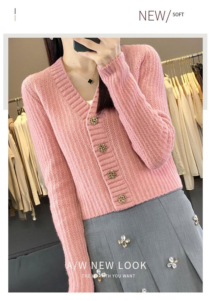 Women's Early Autumn High-Waisted Knit Cardigan - V-Neck, Fine Imitation Wool, Net Celebrity Style