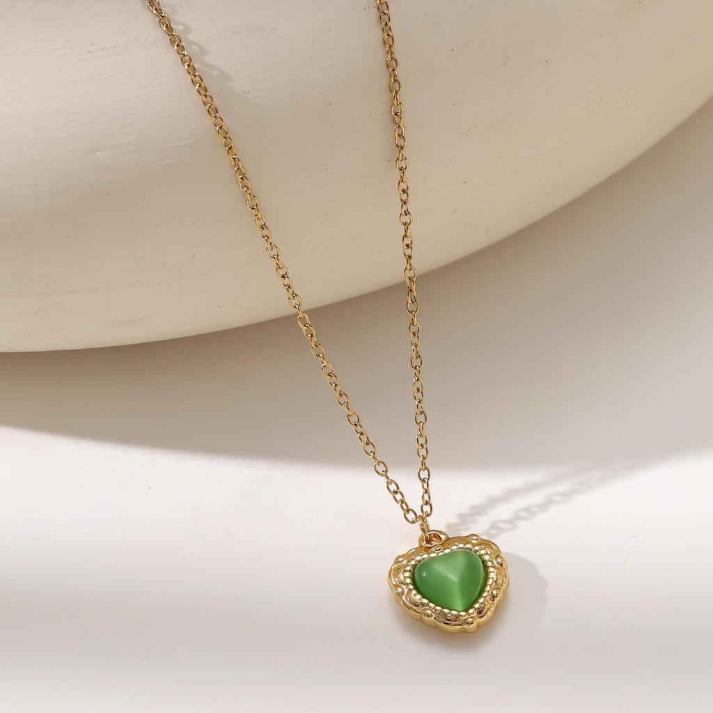 Золотое 18K кошачье око Сердце Ожерелье - Женское Нержавеющая сталь Сердце Подвеска Ключица Цепь