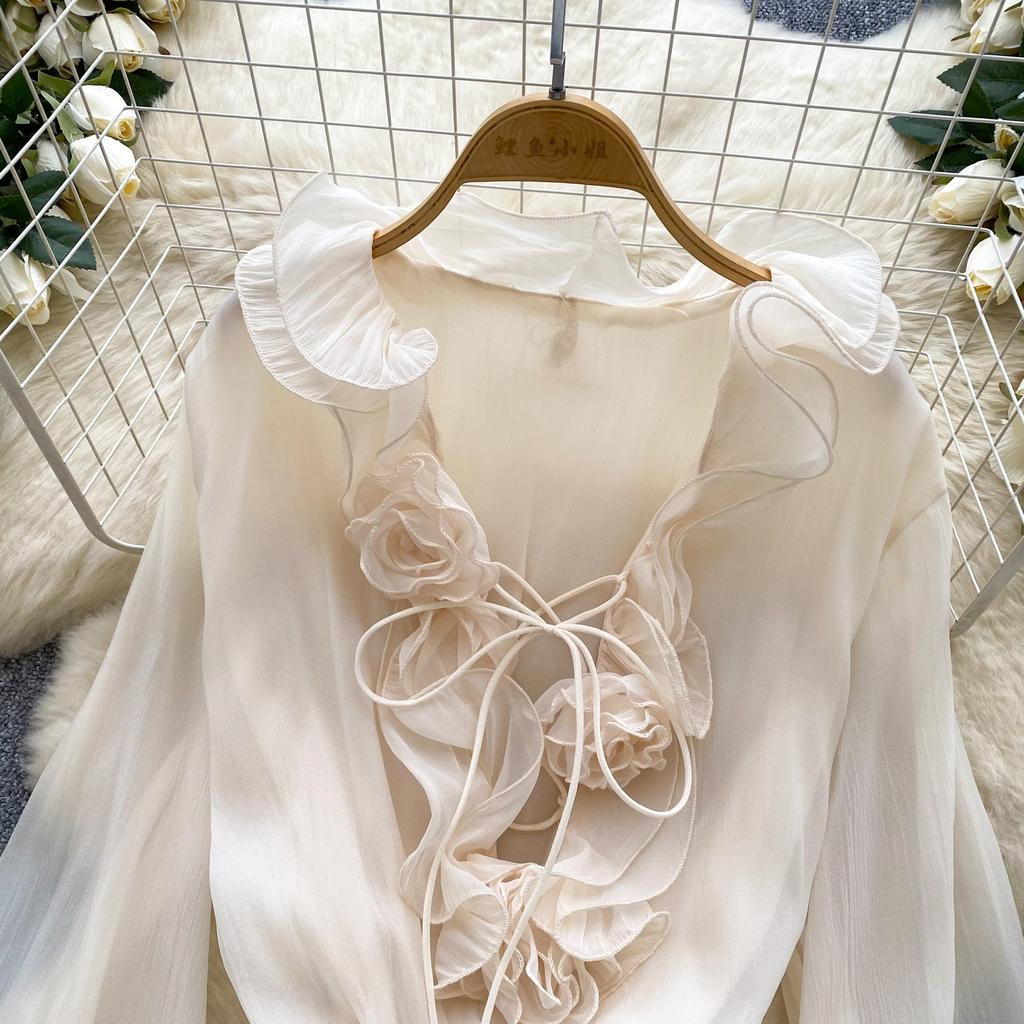 Sweet Pink 3D Floral Beach Short Dress Female Long Sleeves Lace Up Ruffle Chiffon Cake Sundress Sheer Sexy Vintage Bohemian Dress