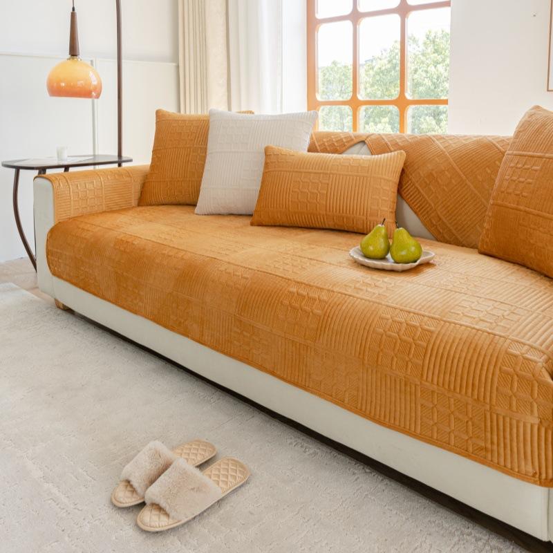 Nordic Simple Solid Color Modern Plush Sofa Cushion Four Seasons Universal Embroidery Non-Slip Seat Cushion Dutch Velvet Sofa Cover Towel