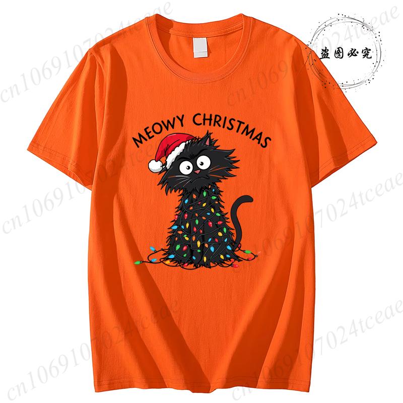 Women'S Casual Graphic T-Shirt - Meowy Christmas Print, Short Sleeve O Neck Top for Christmas Xmas T-Shirts Christmas Santa Tees