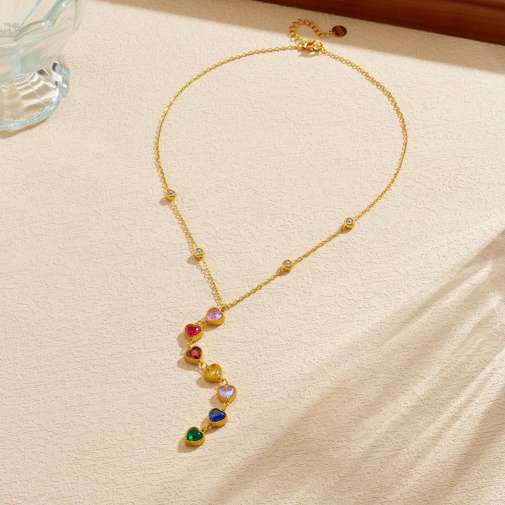DIEYURO 316L Stainless Steel Golden Heart Water Droplet Inlay Colored Rhinestones Y-shaped Pendant Necklace Lady Fashion Jewelry