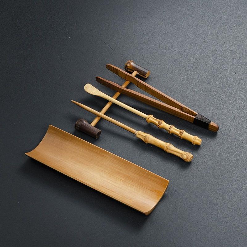 3/4/5Pcs Bamboo Carbonized Teaware Set Tea Tray Teaspoon Tea Clip Needle Exquisite Tea Making Tool Accessories Spoon Tongs