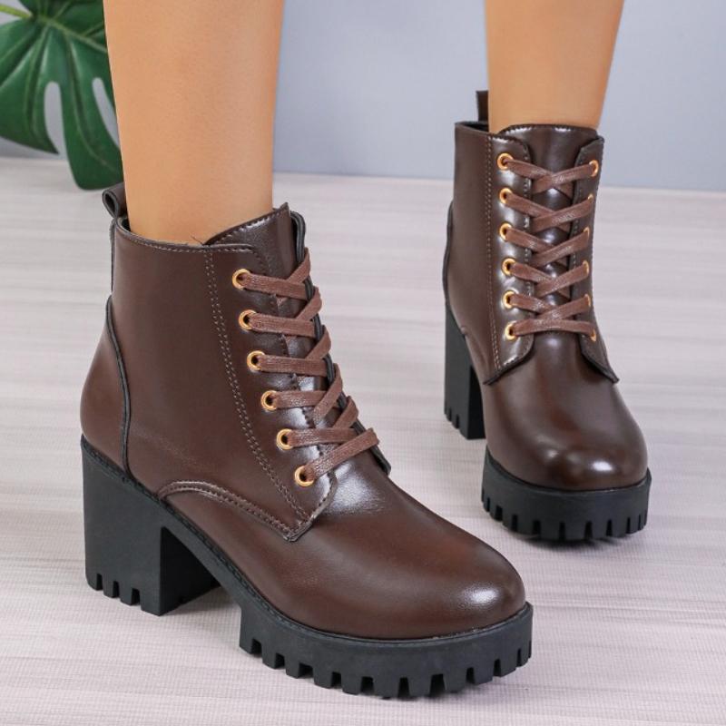 Women's Shoes High Quality Lace Up Women's Boots Winter Round Toe Solid Short Barrel Chunky Heel Fashion Boots Zapatos De Mujer