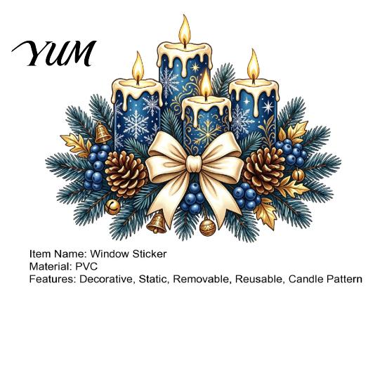 Static Cling Decals Christmas Candle Glass Stickers, Removable Window with Bow Pinecone And Pine Retro Blue Branch Pattern, Reusable Decorative
