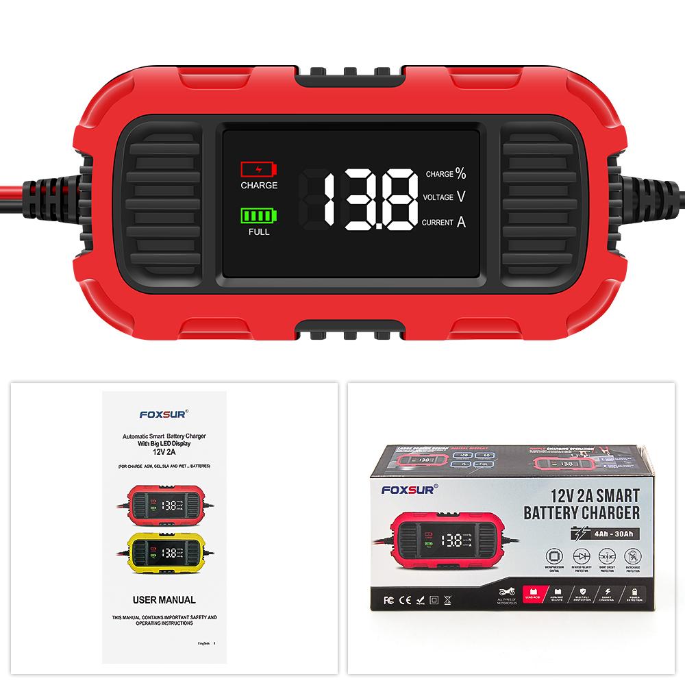 FOXSUR 12V 2A Smart Battery Chargers Universal 4AH-30AH Fully Automatic Trickle Battery Charger For Car Motorcycle AGM EFB GEL