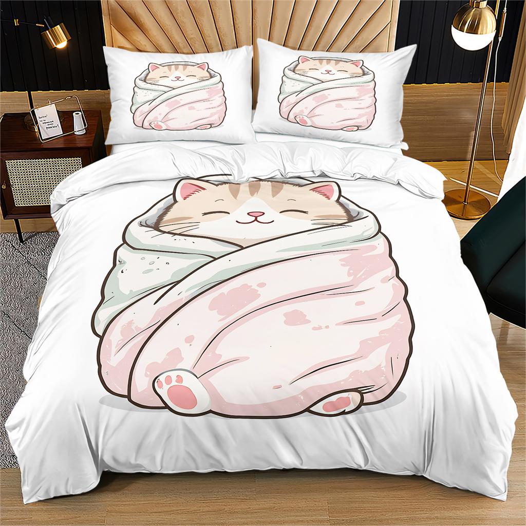 Kawaii Cat Print Duvet Cover Set Cute Sleepy Cat Wrapped In Blanket Bedding Set Cozy Soft Quilt Cover Set For Bedroom Home Decor