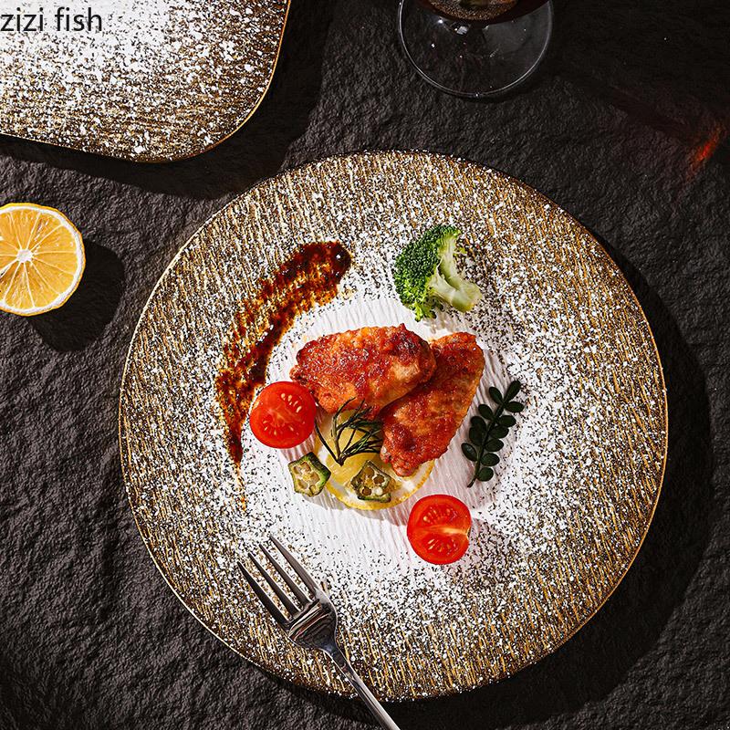 Золотисто-белая матовая керамическая обеденная тарелка Тарелка для стейков в западном стиле Поднос для посуды Тарелки для суши Фруктовая тарелка Десертные тарелки Чаша