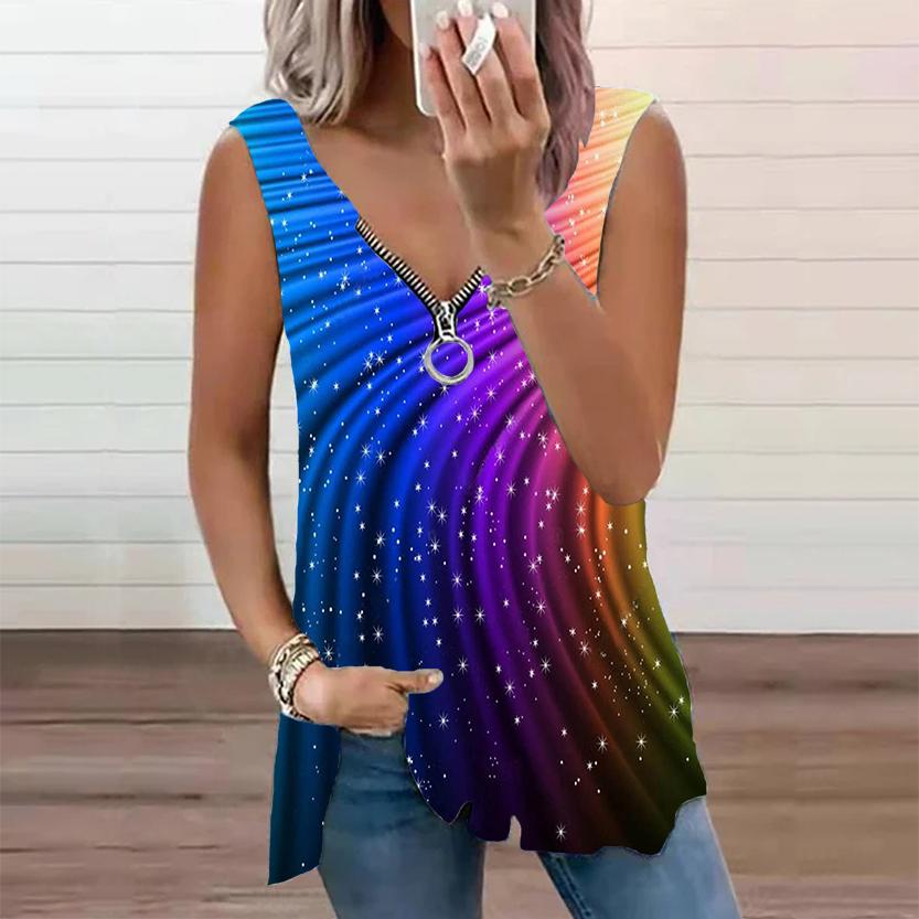 Женский топ, летняя новая мода, разноцветный повседневный топ с цветочным принтом, большие размеры, без рукавов, на молнии, с v-образным вырезом, майка