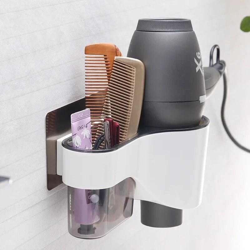 Клейкая стойка для фена 2-в-1 с органайзером для хранения инструментов, настенное крепление, наклейка, пластиковый туалет, ванная комната, без дрели