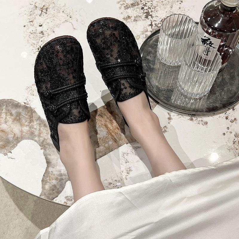 Womens Shoes Retro National Wind Gauze Disc Buckle Mother Shoes Women Spring/summer New Flat Lazy Comfortable Bean Shoes