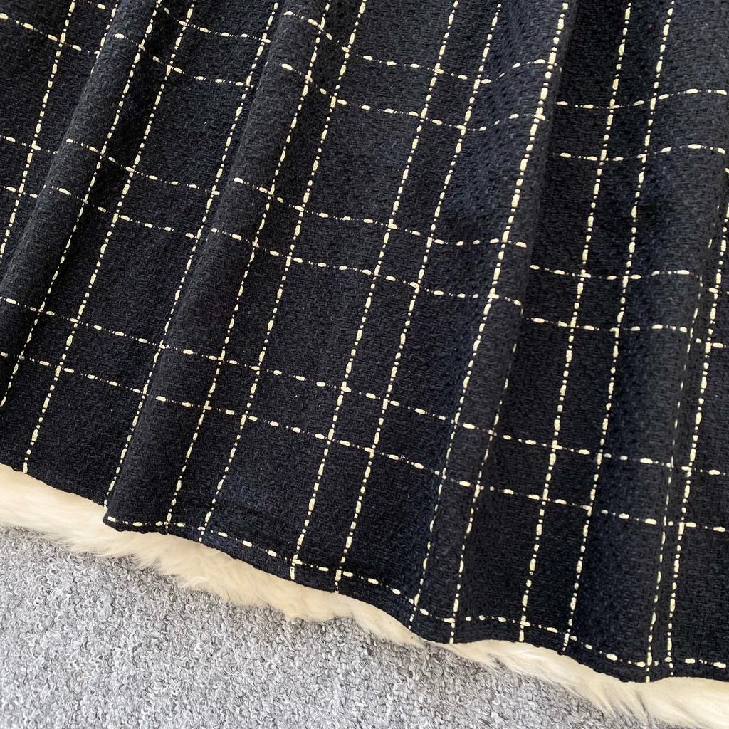 Осенне-зимний женский комплект свитер-платье, повседневный вязаный пуловер, топы + клетчатое твидовое платье, наряды из 2 предметов, женский с поясом