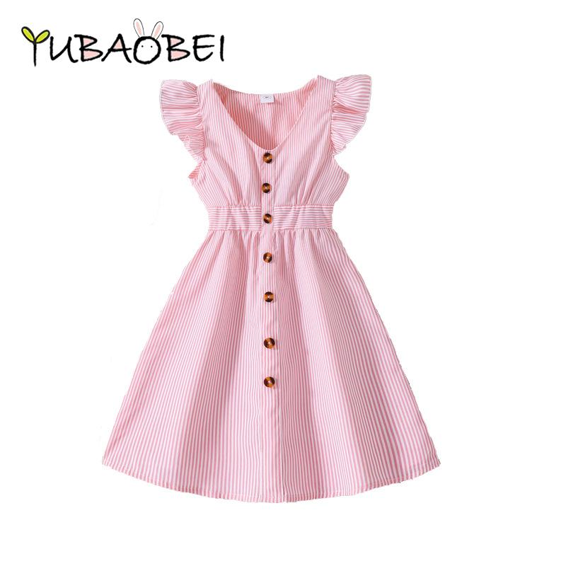 Летнее платье в полоску с v-образным вырезом для девочек, детская одежда, школьная форма с короткими рукавами, детские повседневные модные платья