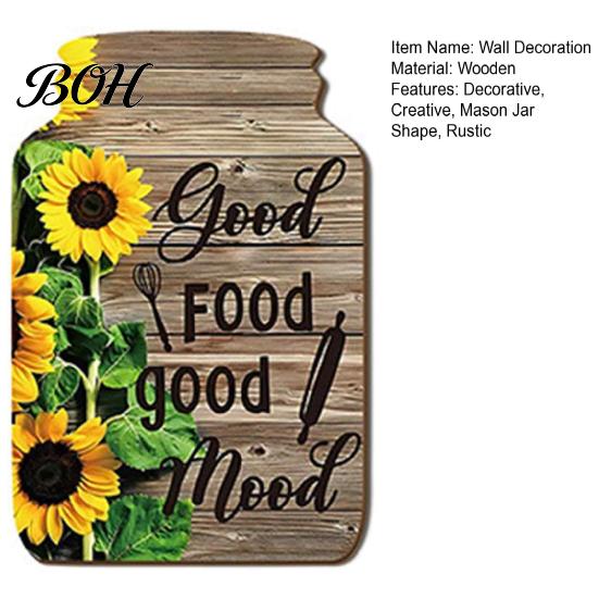 Sunflower Kitchen Signs Mason Jar Shape Wall Decoration, Wooden Art with Print, Country Style Accents Retro Rustic Hanging Decor for Farmhouse Living