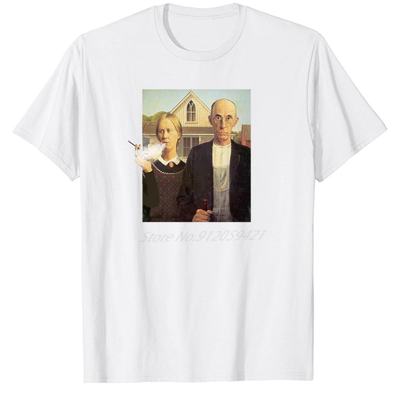 White Spoof American Gothic Fashion Graphic Tshirt Short Sleeve Summer New Cotton Unisexs Shirt Casual Streetwear