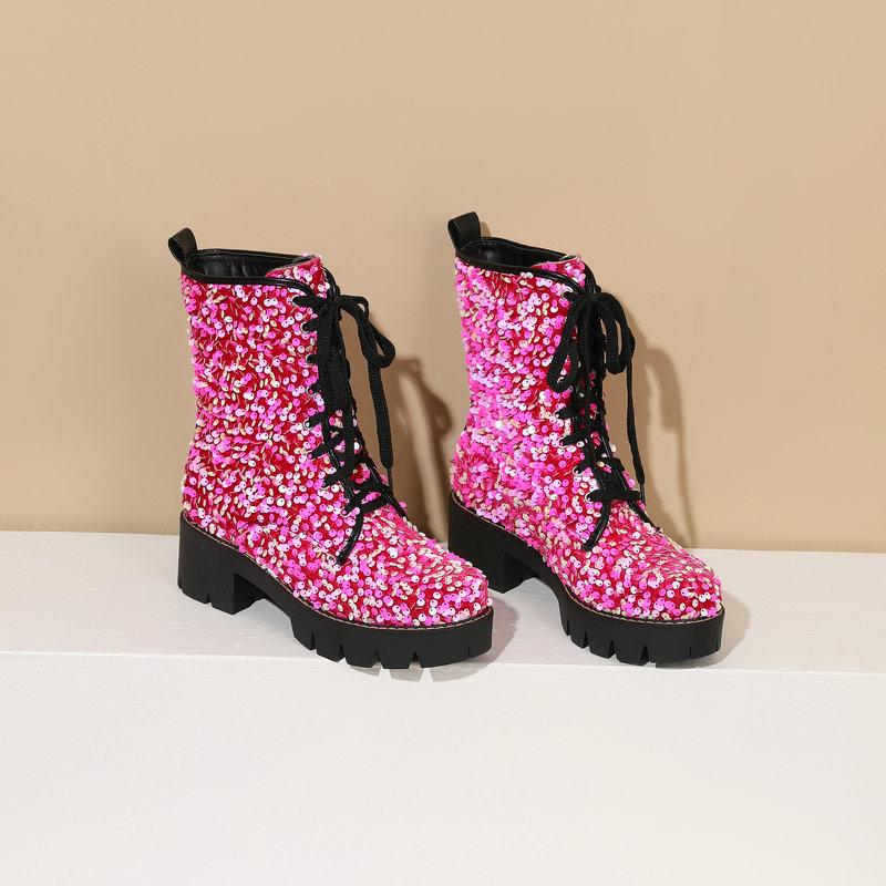 Sequins Glitter Party Goth Shoes For Women Shiny Lace-up Platform Chunky Heels Ankle Boots Wedding Shoes
